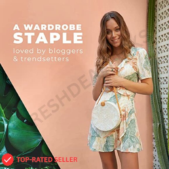 Round Rattan Crossbody Bag Handmade Boho Wicker Purse Lightweight Summer - Picture 5 of 8